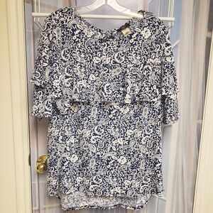 Women Layered Top Pullover Stretch Sz 2X Blue White Paisley Short Sleeve Career
